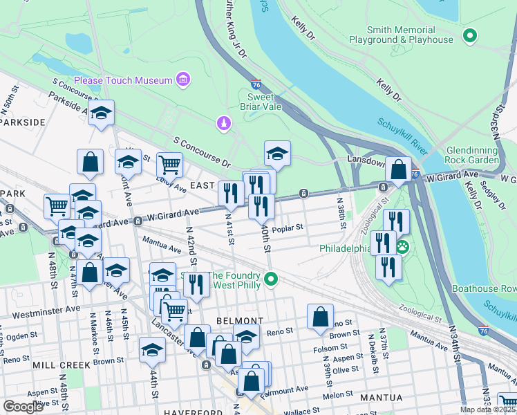 map of restaurants, bars, coffee shops, grocery stores, and more near 4000 West Girard Avenue in Philadelphia