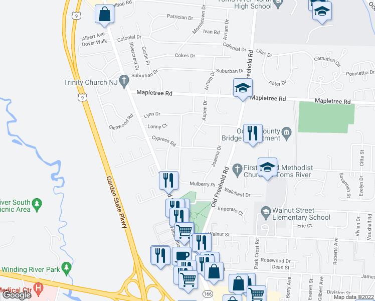 map of restaurants, bars, coffee shops, grocery stores, and more near 1056 Mulberry Place in Toms River