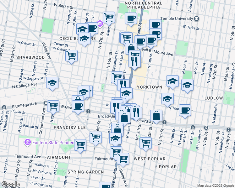 map of restaurants, bars, coffee shops, grocery stores, and more near 1315 North 15th Street in Philadelphia