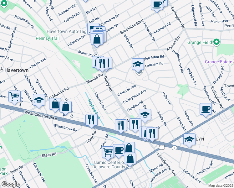 map of restaurants, bars, coffee shops, grocery stores, and more near 601 Darby Road in Havertown