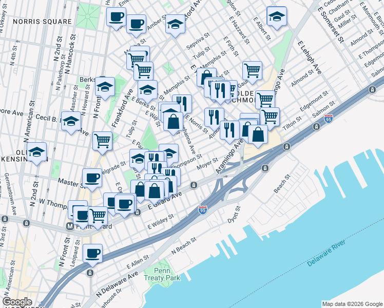 map of restaurants, bars, coffee shops, grocery stores, and more near 721 East Thompson Street in Philadelphia