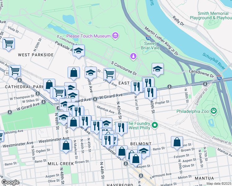 map of restaurants, bars, coffee shops, grocery stores, and more near 4141 West Girard Avenue in Philadelphia