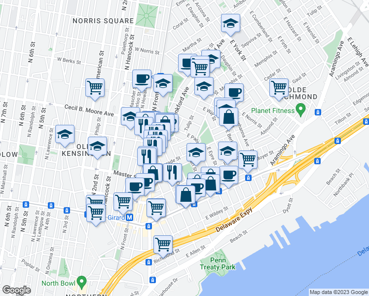 map of restaurants, bars, coffee shops, grocery stores, and more near 432 Miller Street in Philadelphia