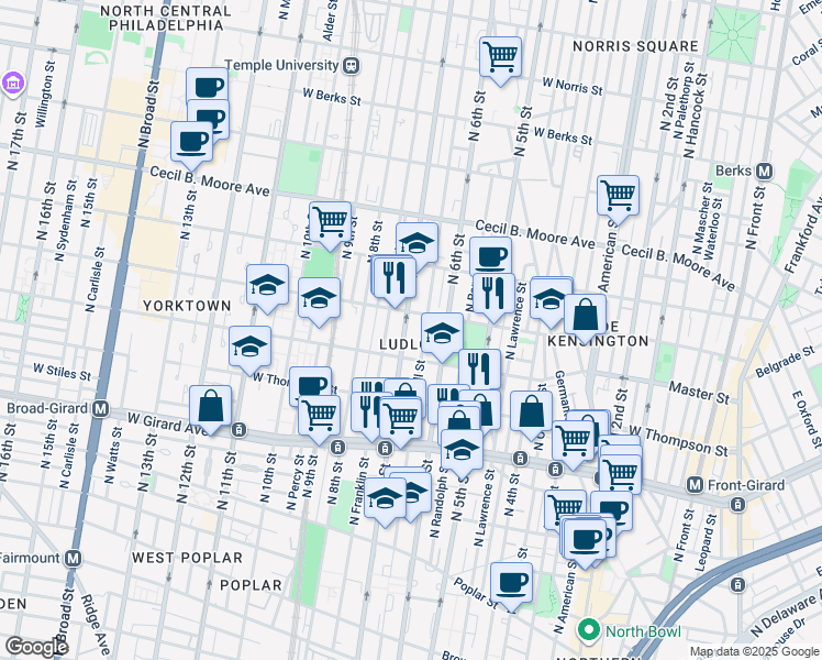map of restaurants, bars, coffee shops, grocery stores, and more near 1420 North Marshall Street in Philadelphia