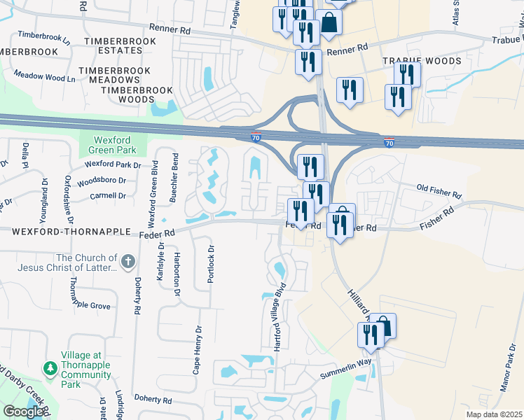 map of restaurants, bars, coffee shops, grocery stores, and more near 1064 Waterford Pointe Circle in Columbus