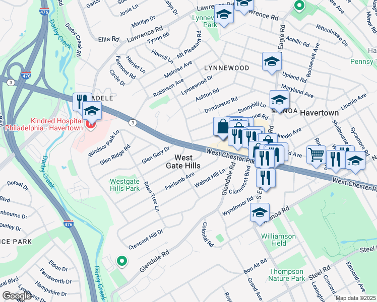 map of restaurants, bars, coffee shops, grocery stores, and more near 1612 West Chester Pike in Havertown
