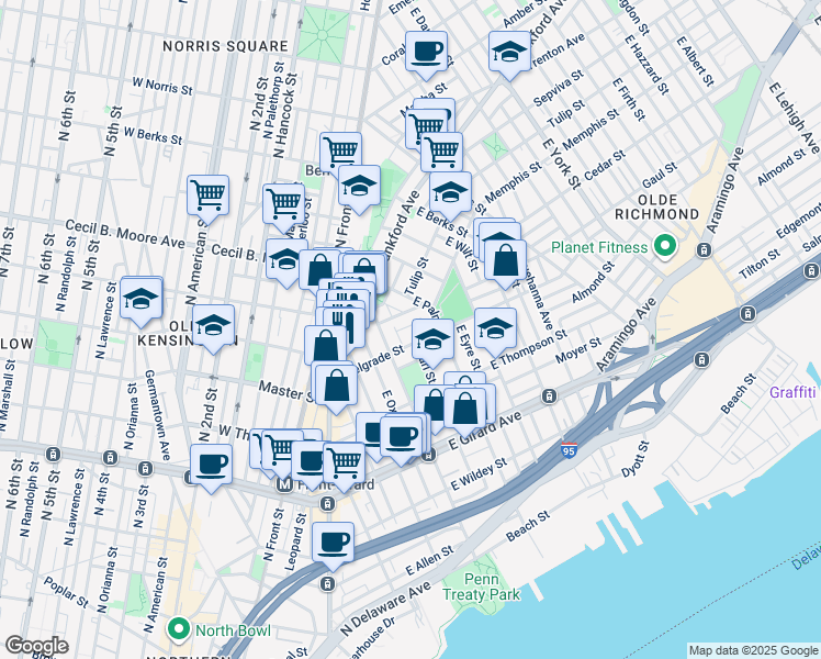 map of restaurants, bars, coffee shops, grocery stores, and more near 436 Miller Street in Philadelphia