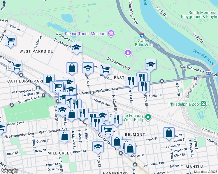map of restaurants, bars, coffee shops, grocery stores, and more near 4155 West Girard Avenue in Philadelphia