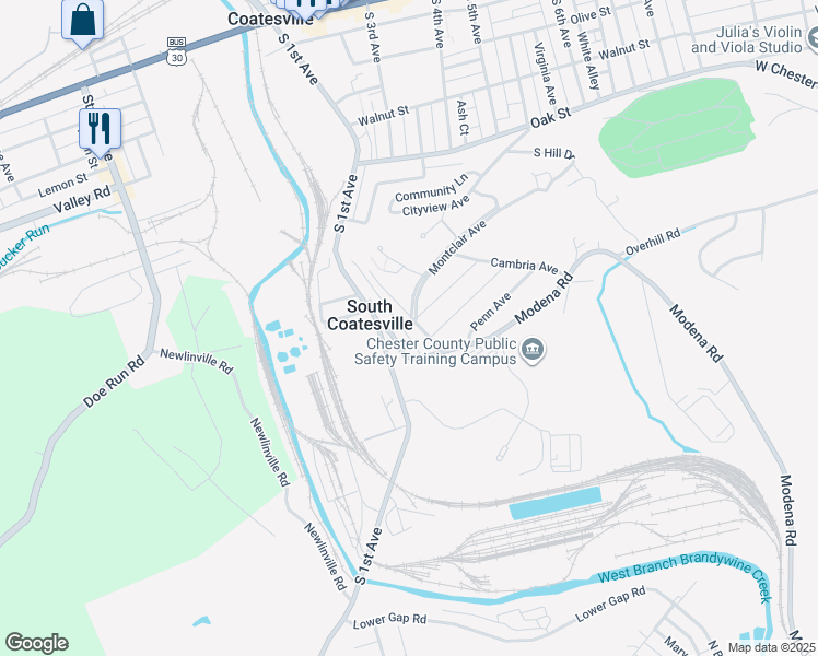 map of restaurants, bars, coffee shops, grocery stores, and more near 798 South 1st Avenue in Coatesville