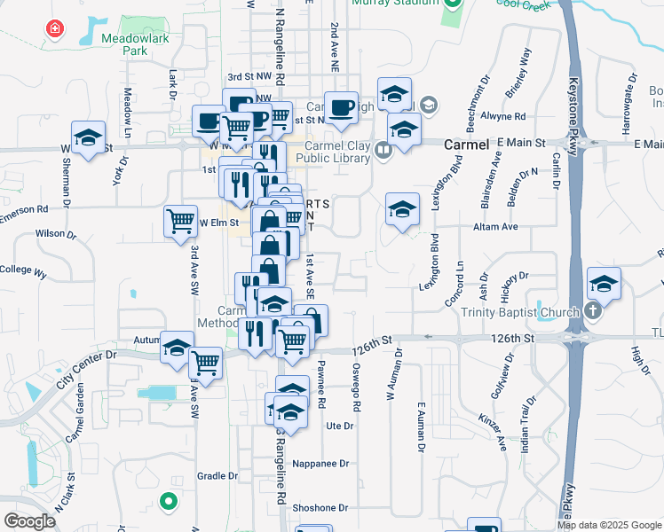 map of restaurants, bars, coffee shops, grocery stores, and more near 324 Heather Drive in Carmel
