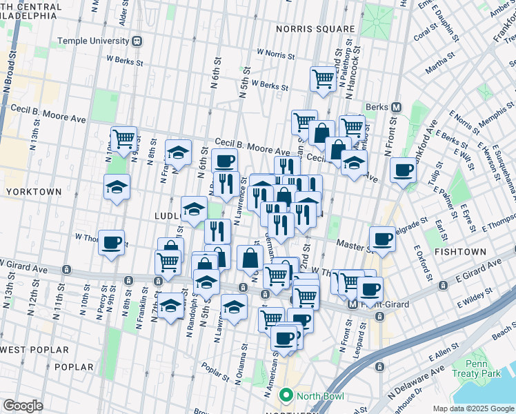 map of restaurants, bars, coffee shops, grocery stores, and more near 1511 North 4th Street in Philadelphia