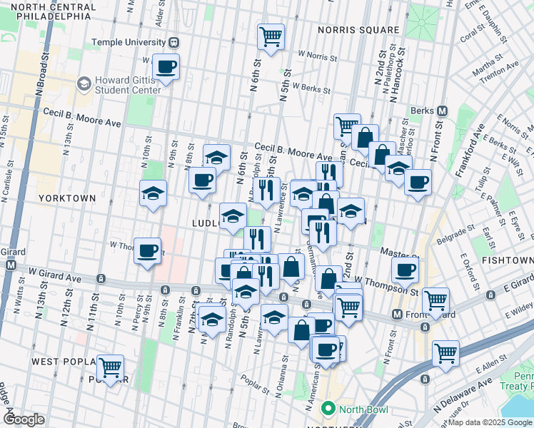 map of restaurants, bars, coffee shops, grocery stores, and more near 1449 North 5th Street in Philadelphia