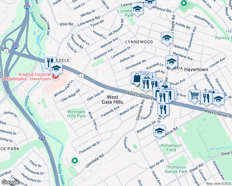 map of restaurants, bars, coffee shops, grocery stores, and more near 1612 West Chester Pike in Havertown