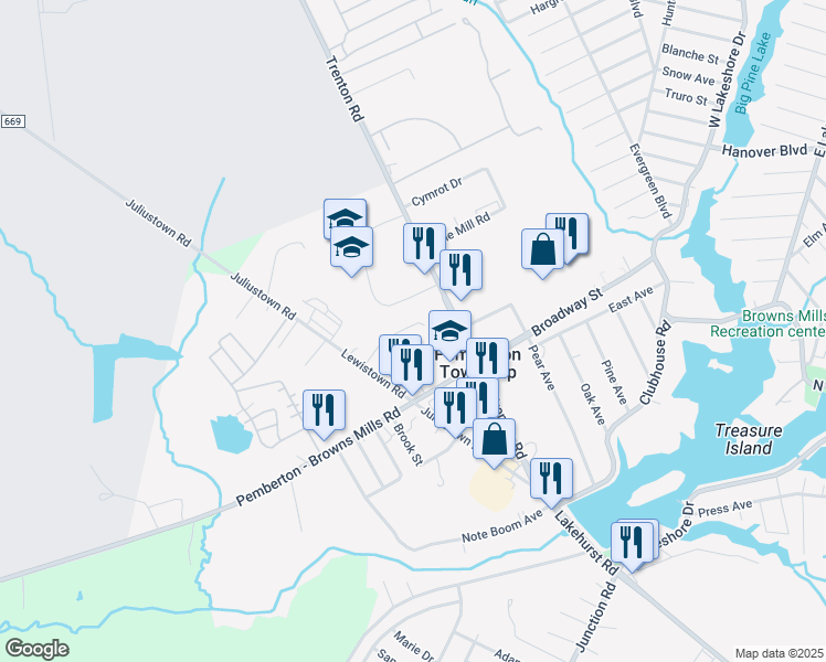 map of restaurants, bars, coffee shops, grocery stores, and more near 26 Crescent Drive in Burlington County