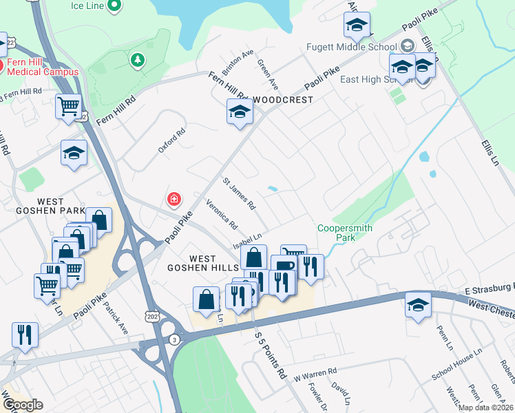 map of restaurants, bars, coffee shops, grocery stores, and more near 326 Saint James Road in West Chester