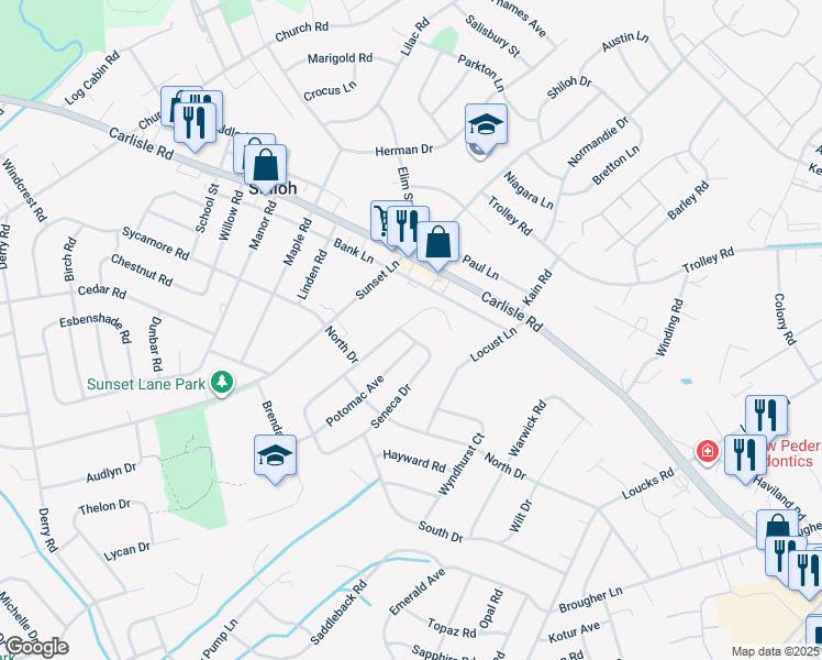 map of restaurants, bars, coffee shops, grocery stores, and more near 2270 Seneca Drive in York