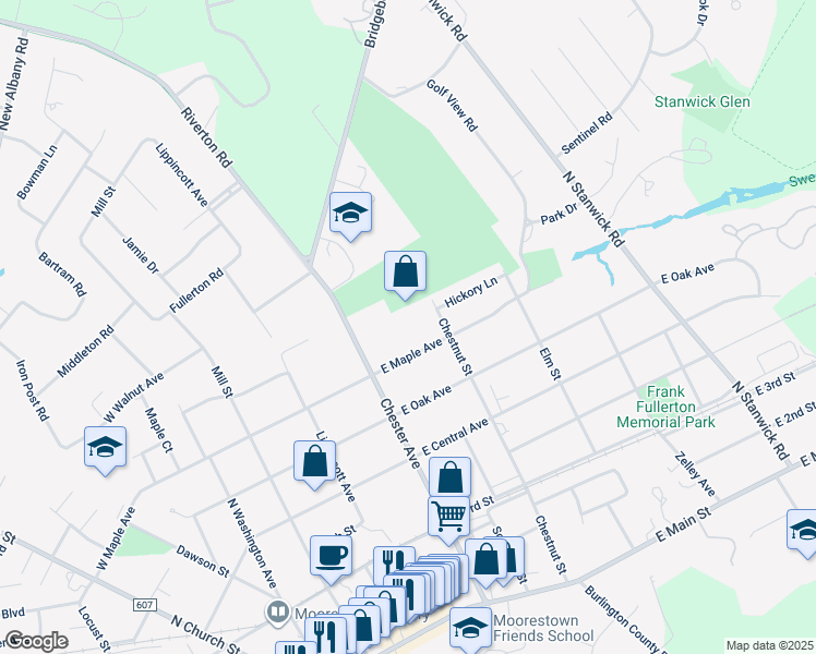 map of restaurants, bars, coffee shops, grocery stores, and more near 610 Chestnut Street in Moorestown