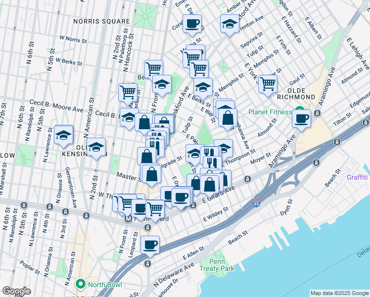 map of restaurants, bars, coffee shops, grocery stores, and more near 438 Miller Street in Philadelphia