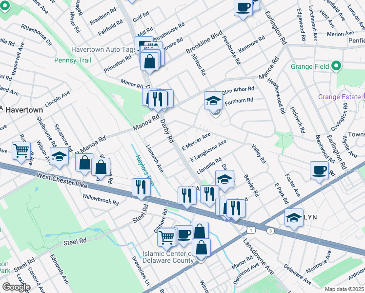 map of restaurants, bars, coffee shops, grocery stores, and more near 601 Darby Road in Havertown
