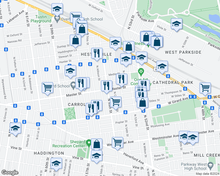 map of restaurants, bars, coffee shops, grocery stores, and more near 5447 West Master Street in Philadelphia