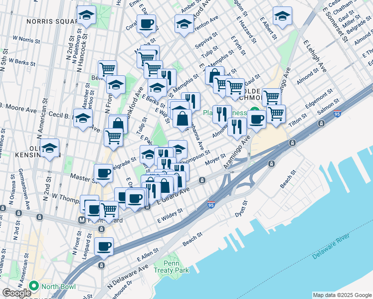 map of restaurants, bars, coffee shops, grocery stores, and more near 1328 East Berks Street in Philadelphia