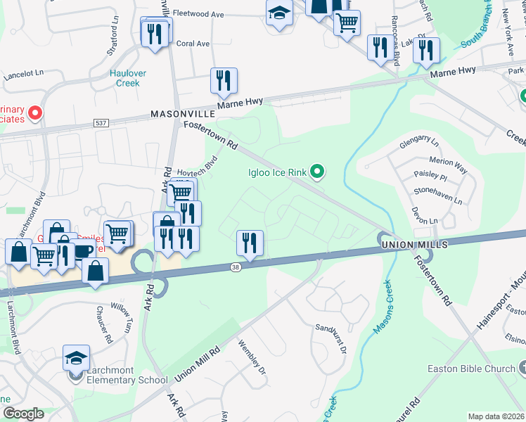 map of restaurants, bars, coffee shops, grocery stores, and more near 3032-3042 Fostertown Road in Mount Laurel