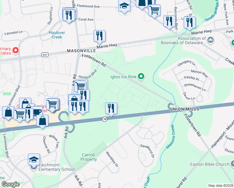 map of restaurants, bars, coffee shops, grocery stores, and more near 3032-3042 Fostertown Road in Mount Laurel