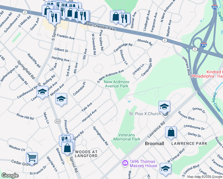 map of restaurants, bars, coffee shops, grocery stores, and more near 2191 Winding Way in Broomall