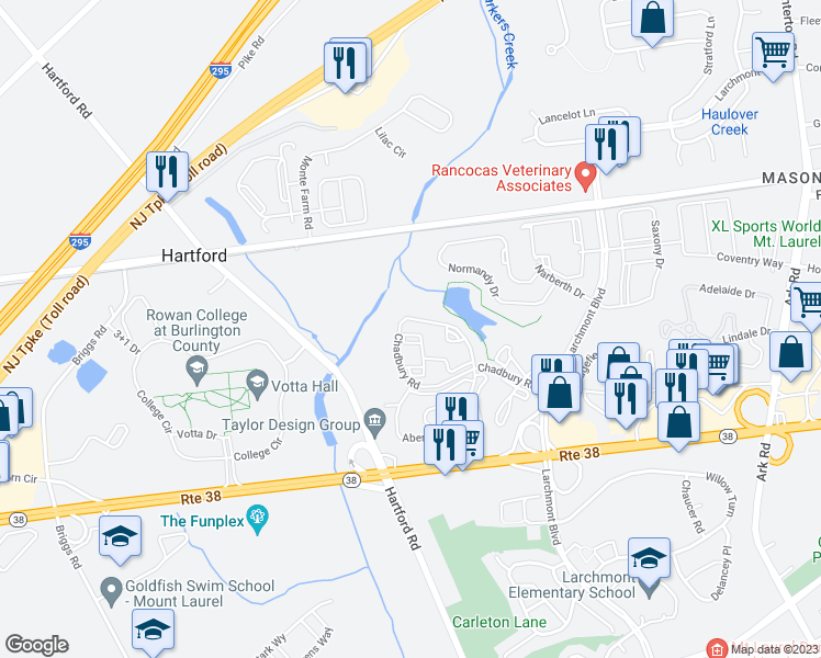 map of restaurants, bars, coffee shops, grocery stores, and more near 2206A Durham Court in Mount Laurel Township