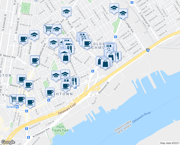 map of restaurants, bars, coffee shops, grocery stores, and more near 870 Moyer Street in Philadelphia