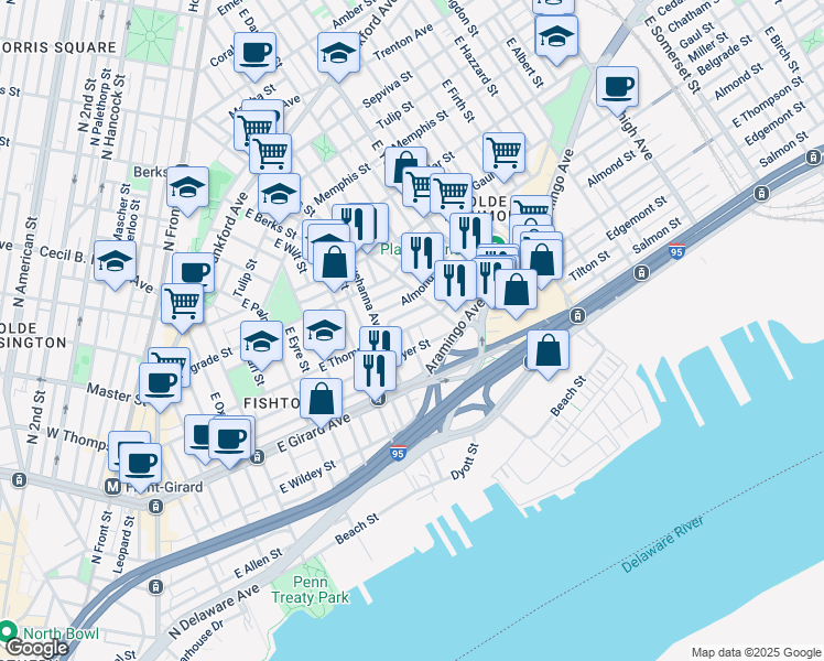 map of restaurants, bars, coffee shops, grocery stores, and more near 1237 East Fletcher Street in Philadelphia