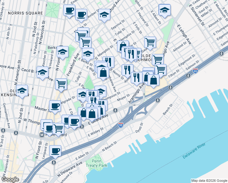 map of restaurants, bars, coffee shops, grocery stores, and more near 721 East Thompson Street in Philadelphia