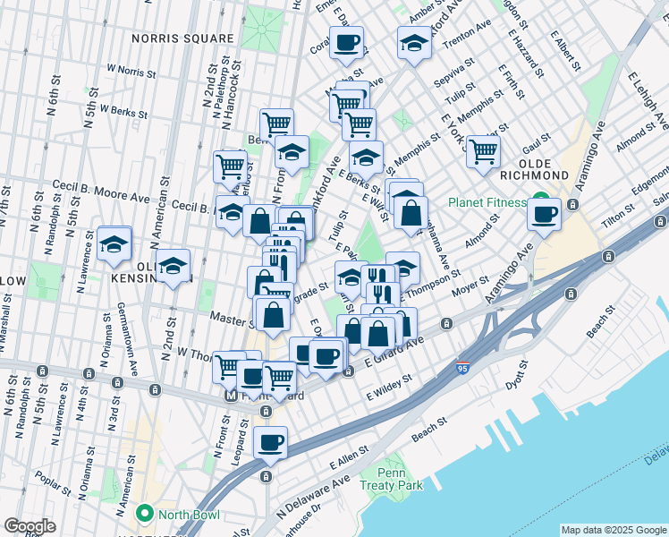 map of restaurants, bars, coffee shops, grocery stores, and more near 444 Belgrade Street in Philadelphia