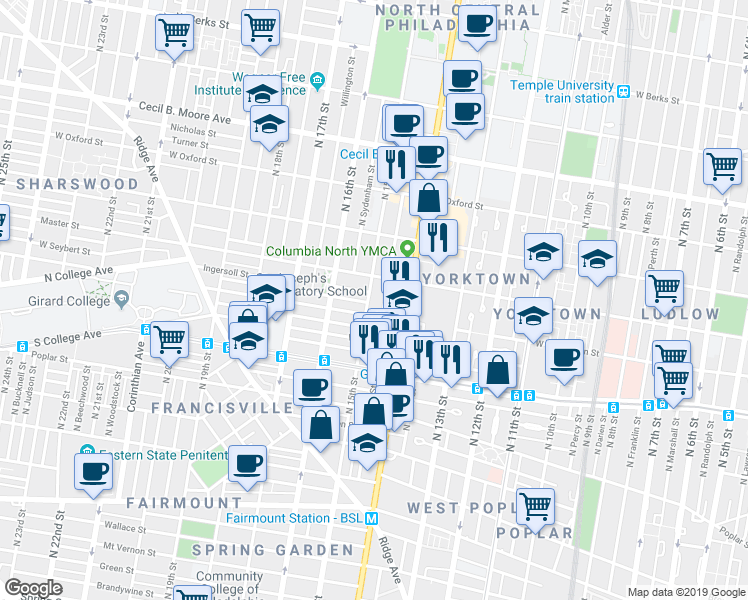 map of restaurants, bars, coffee shops, grocery stores, and more near 1303 North 15th Street in Philadelphia