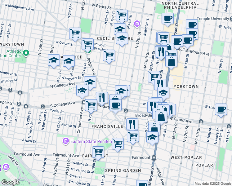 map of restaurants, bars, coffee shops, grocery stores, and more near 1700 West Thompson Street in Philadelphia