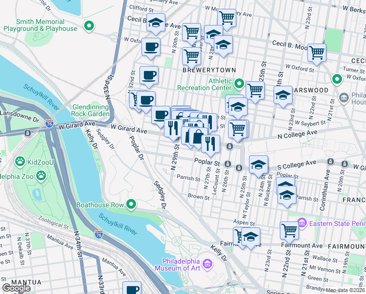 map of restaurants, bars, coffee shops, grocery stores, and more near 2834 Cambridge Street in Philadelphia