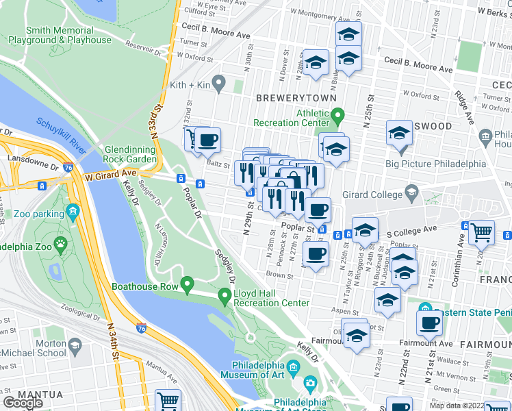 map of restaurants, bars, coffee shops, grocery stores, and more near 2834 Cambridge Street in Philadelphia