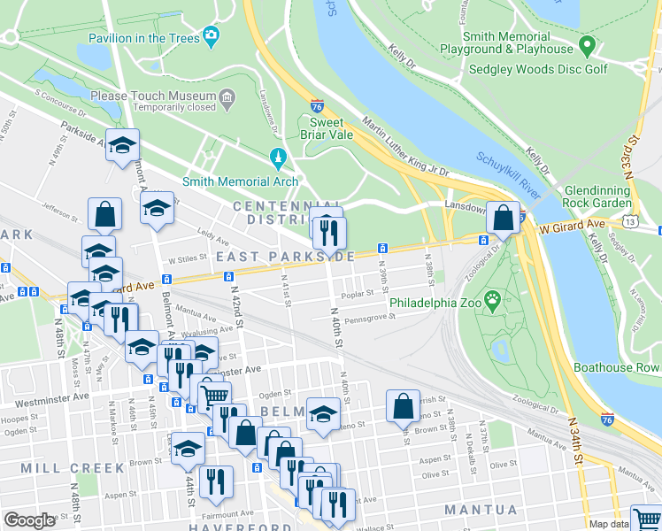 map of restaurants, bars, coffee shops, grocery stores, and more near 4000 West Girard Avenue in Philadelphia