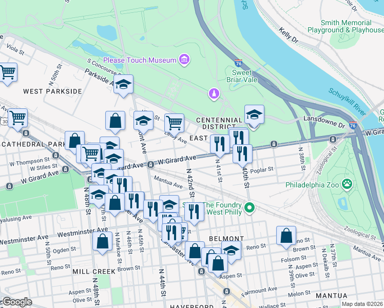 map of restaurants, bars, coffee shops, grocery stores, and more near 4141 West Girard Avenue in Philadelphia