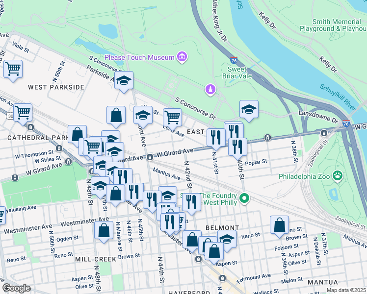 map of restaurants, bars, coffee shops, grocery stores, and more near 4141 West Girard Avenue in Philadelphia