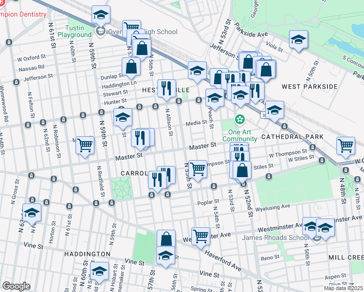 map of restaurants, bars, coffee shops, grocery stores, and more near 5452 Master Street in Philadelphia