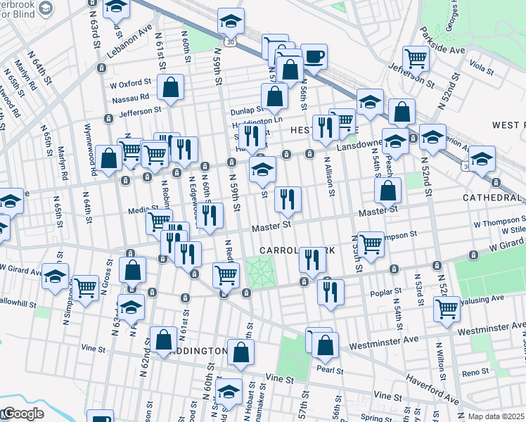 map of restaurants, bars, coffee shops, grocery stores, and more near 1414 North Wanamaker Street in Philadelphia