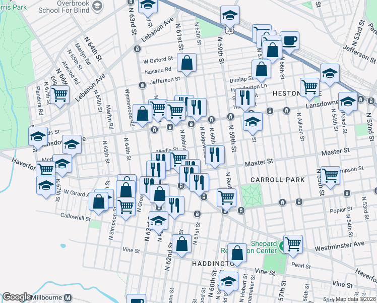 map of restaurants, bars, coffee shops, grocery stores, and more near 1440 North 61st Street in Philadelphia