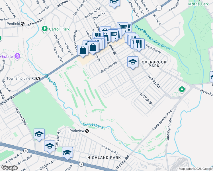 map of restaurants, bars, coffee shops, grocery stores, and more near 1620 Merribrook Road in Philadelphia
