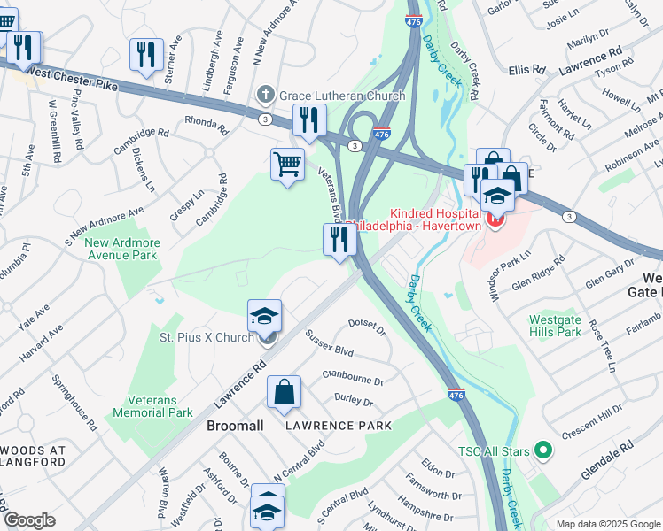 map of restaurants, bars, coffee shops, grocery stores, and more near 100 Lawrence Road in Broomall