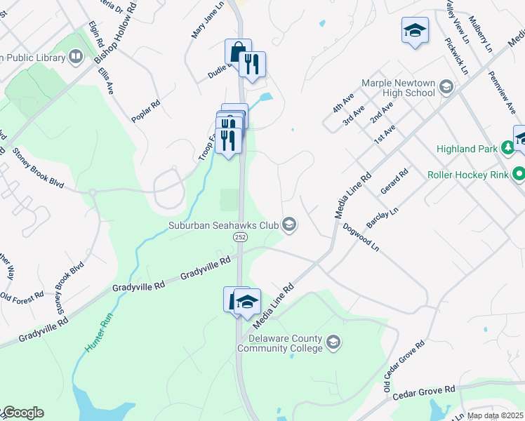 map of restaurants, bars, coffee shops, grocery stores, and more near 333 South Newtown Street Road in Newtown Square