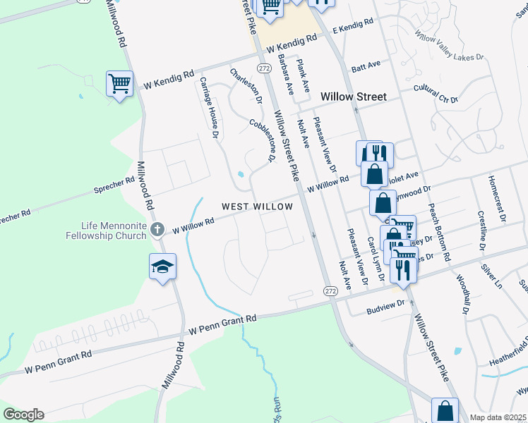 map of restaurants, bars, coffee shops, grocery stores, and more near 116 West Willow Road in Willow Street