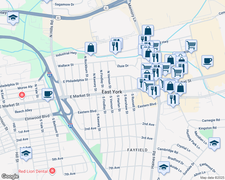 map of restaurants, bars, coffee shops, grocery stores, and more near in East York