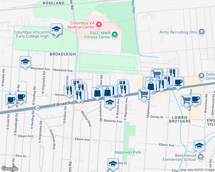 map of restaurants, bars, coffee shops, grocery stores, and more near 40 North Waverly Street in Columbus