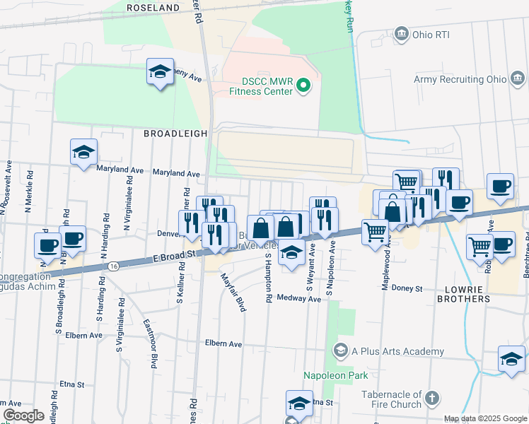 map of restaurants, bars, coffee shops, grocery stores, and more near 47 North Hampton Road in Columbus